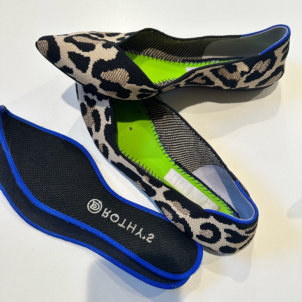 Rothy's Black and Cream Leopard Flats with Blue Trim